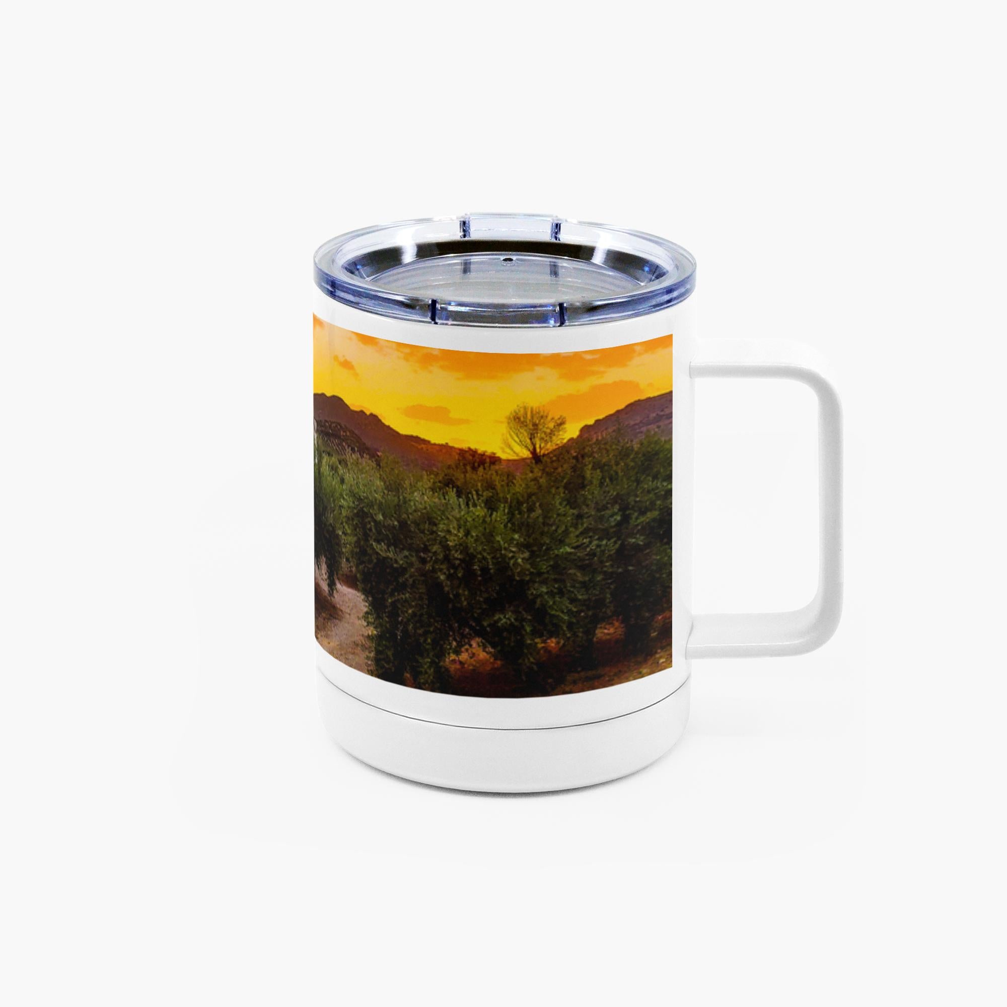 Sam Gilliss Visual Arts Priego de Córdoba Countryside 10oz stainless steel mug with olive villa landscape print