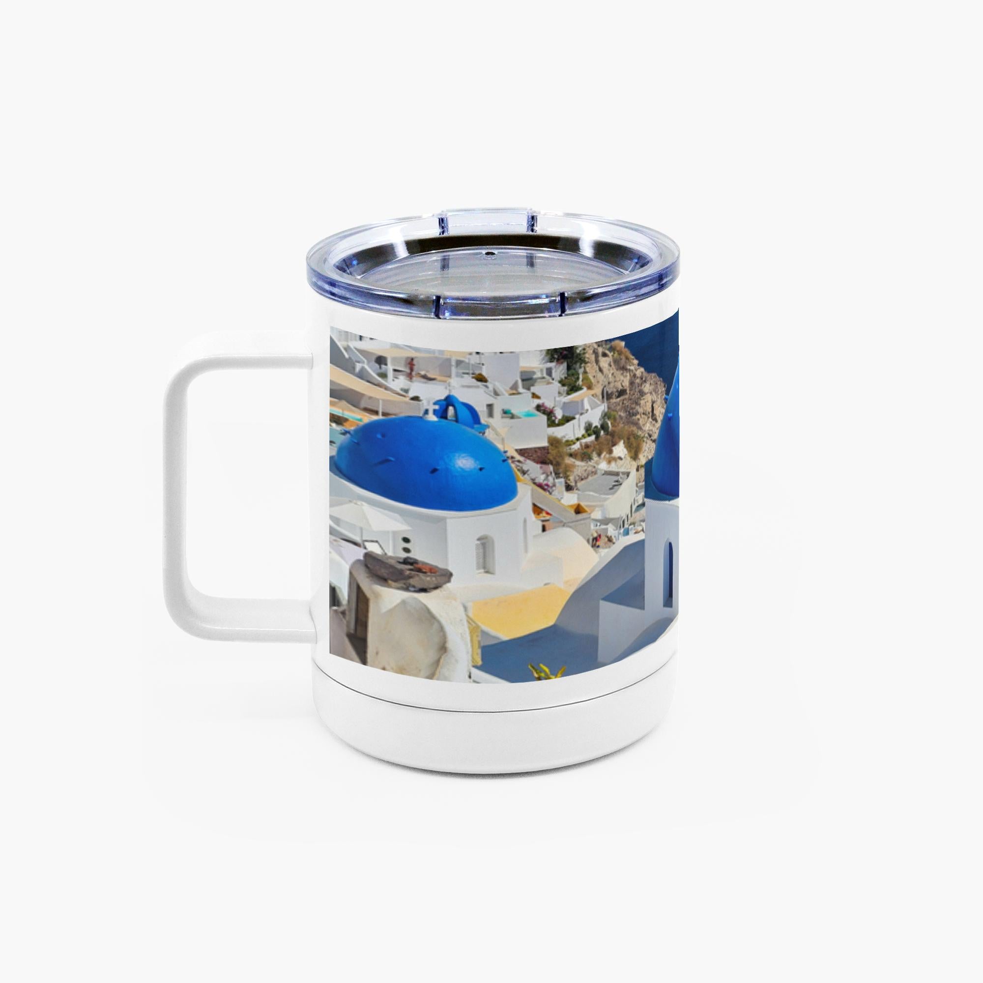 Sam Gilliss Visual Arts Santorini Blue Domes 10oz stainless steel travel mug with handle, featuring a scenic blue dome design.