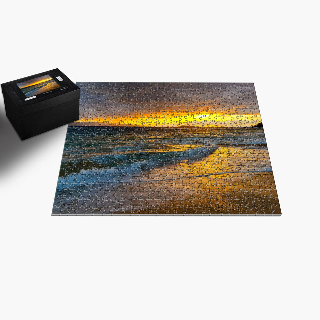 Makena Beach Sunset Puzzle by Sam Gilliss Visual Arts, featuring Molokini Crater after the storm, 110-piece coastal art puzzle.