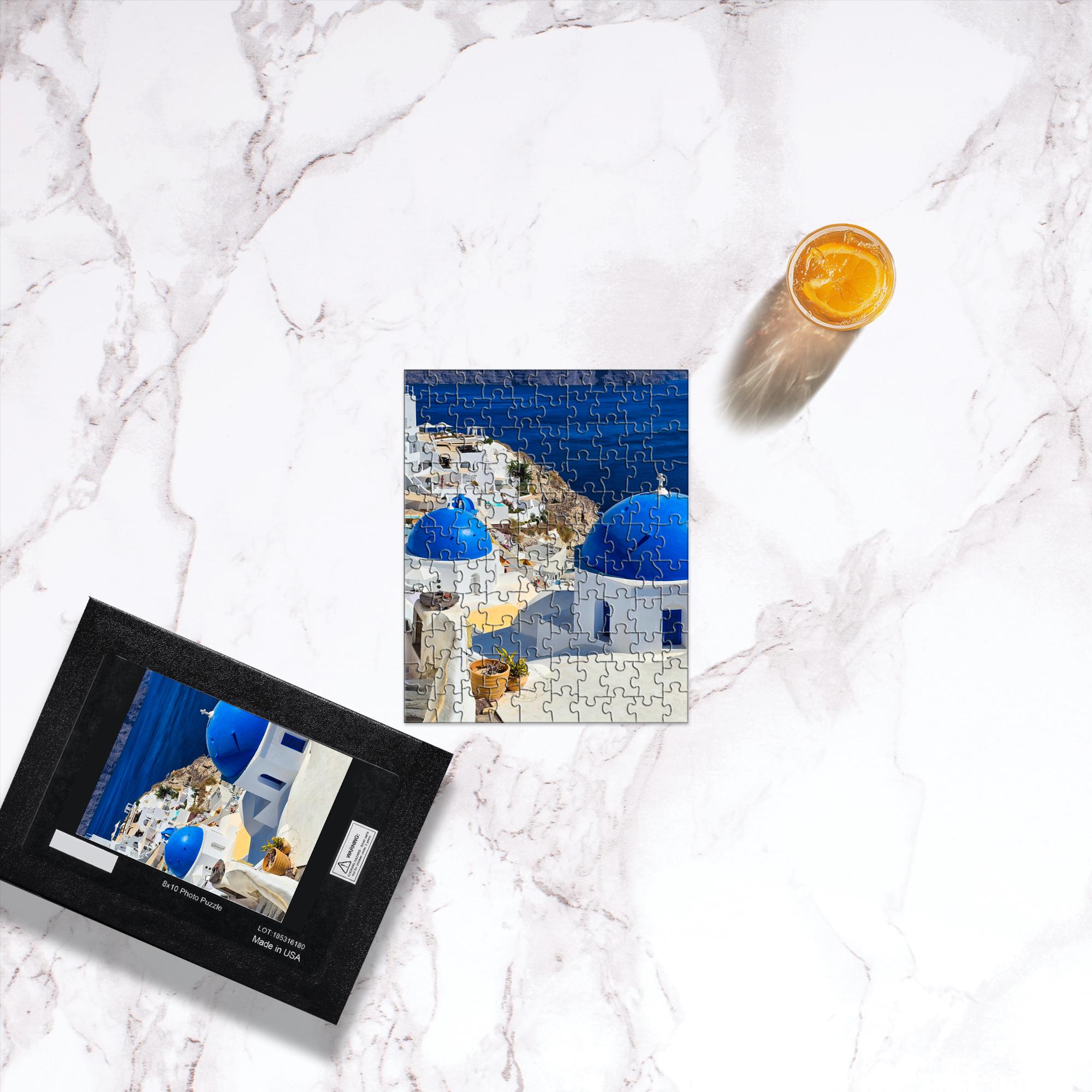 Sam Gilliss Visual Arts Santorini Blue Domes puzzle featuring Oia Greece with 1000-piece fine art jigsaw puzzle.