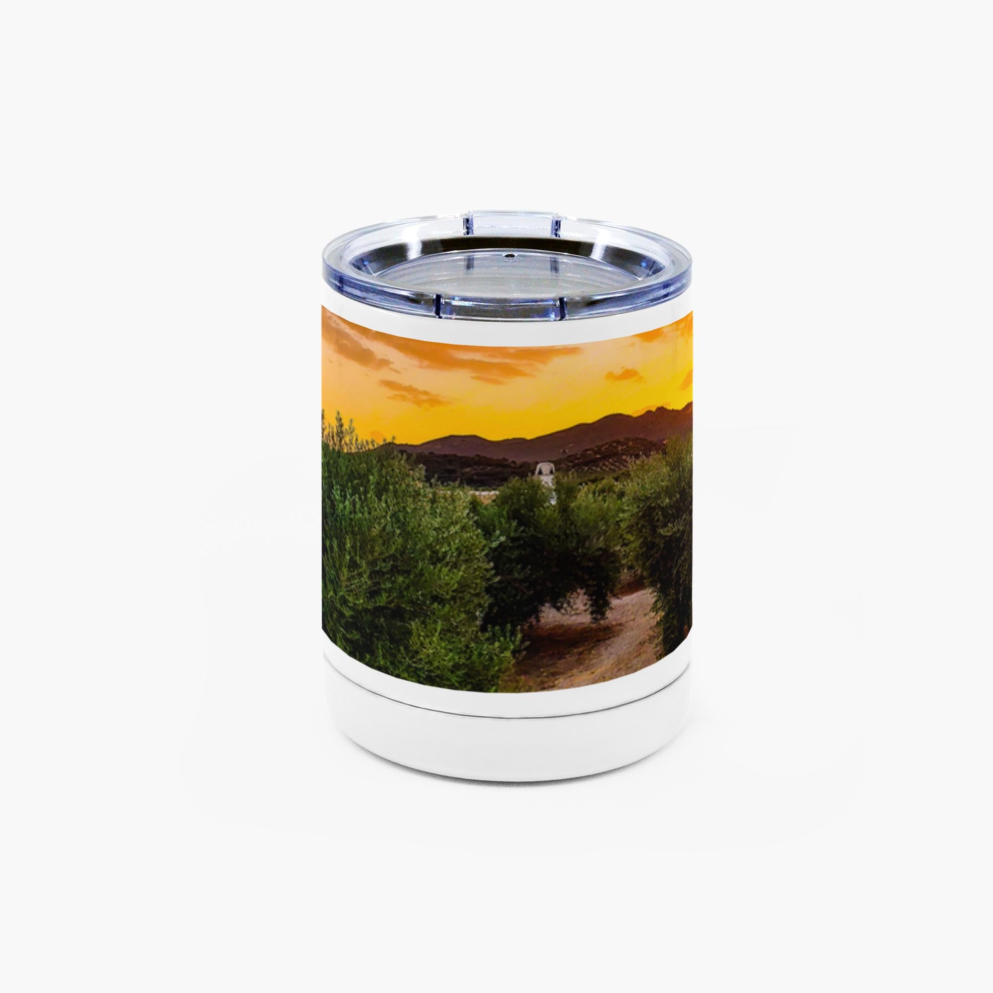 10oz Priego de Córdoba Countryside Mug by Sam Gilliss Visual Arts, stainless steel mug with olive villa landscape in Spain.
