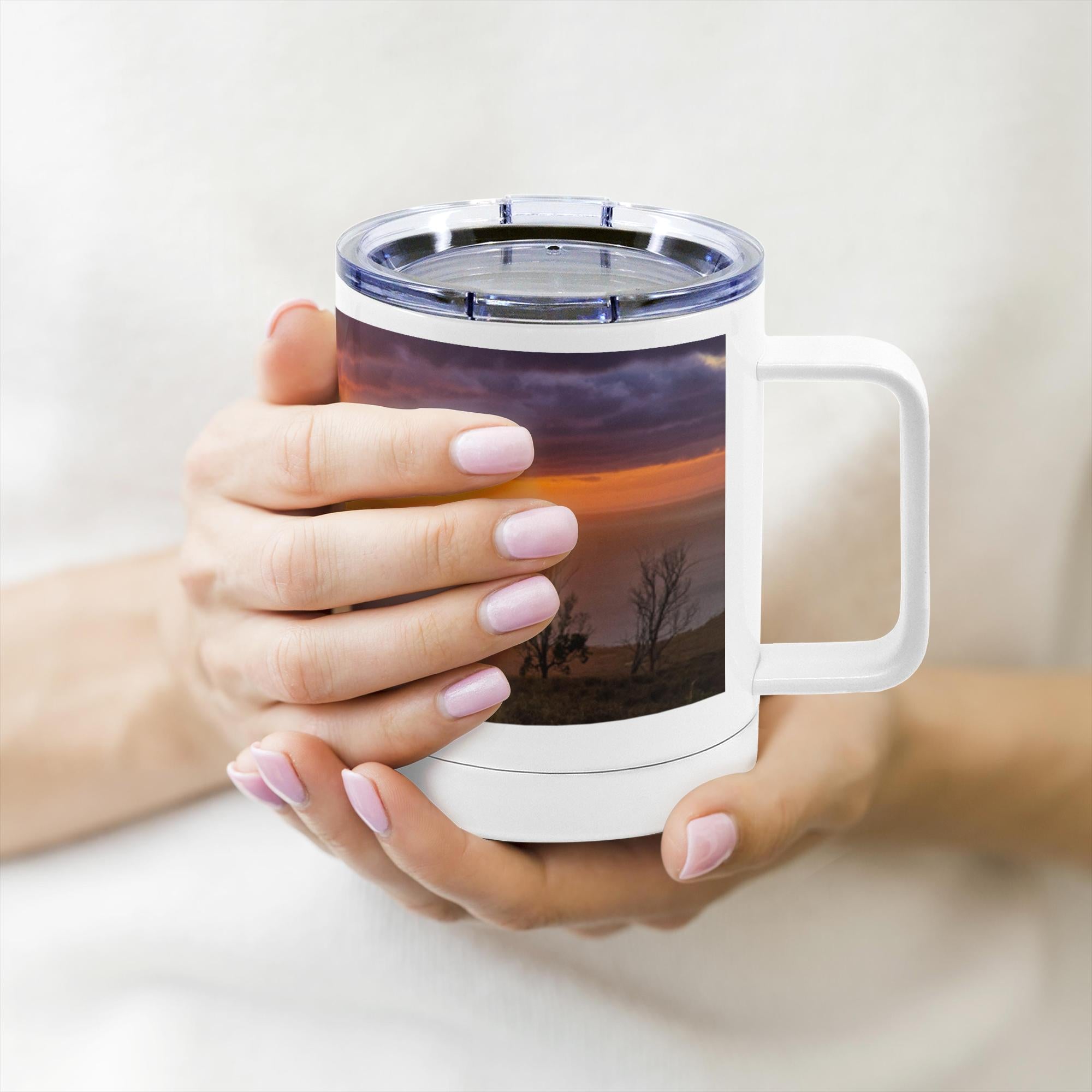 10oz insulated stainless steel mug featuring a vibrant Keokea sunset over the ocean design by Sam Gilliss Visual Arts.