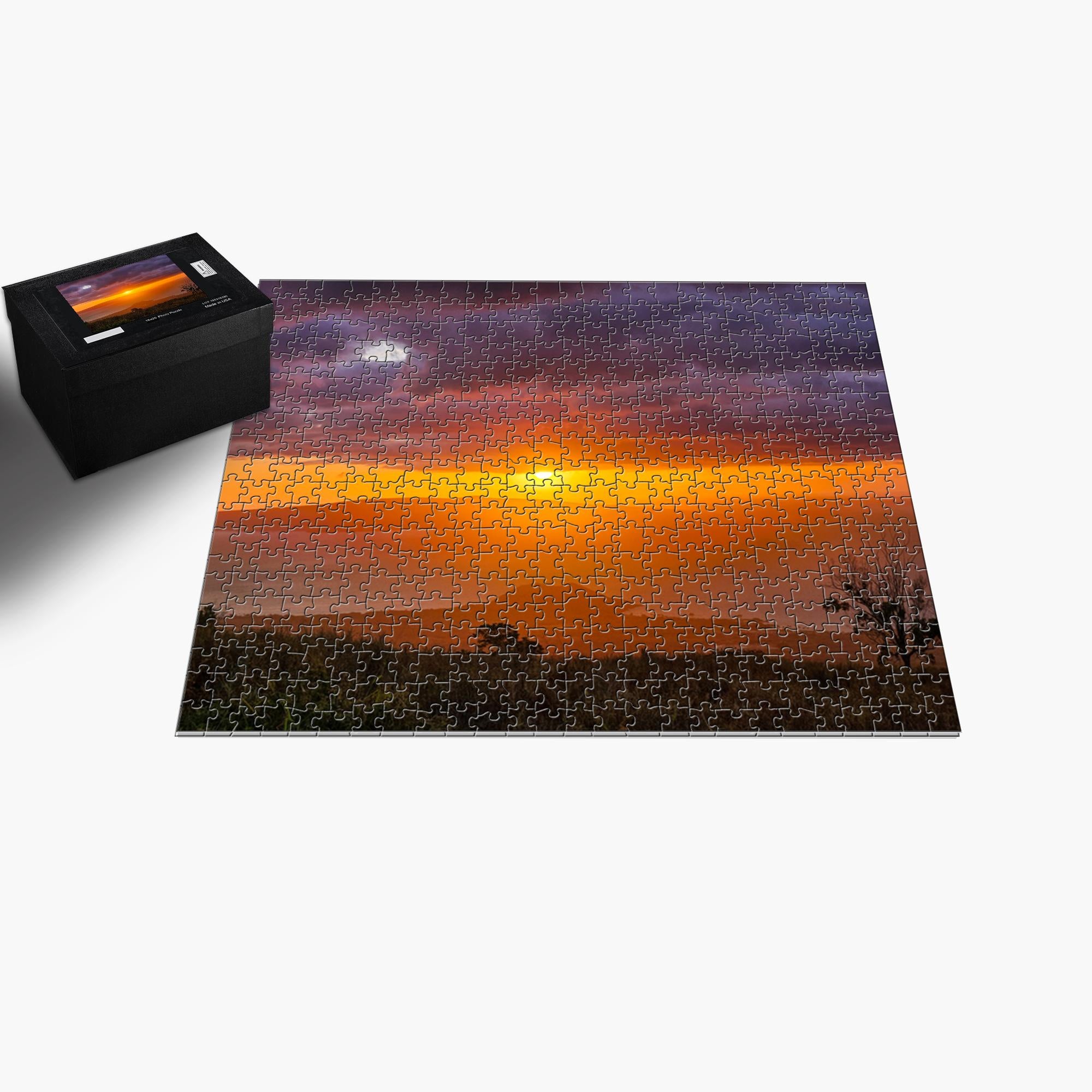 Sam Gilliss Hawaiian Sunset Over the Ocean jigsaw puzzle by Keokea, featuring vibrant ocean and sunset scene with 100-1000 pieces.