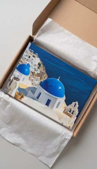 Santorini Blue Domes canvas wall art by Sam Gilliss, featuring Oia’s iconic blue-domed buildings in Greece’s Mediterranean coastal décor.