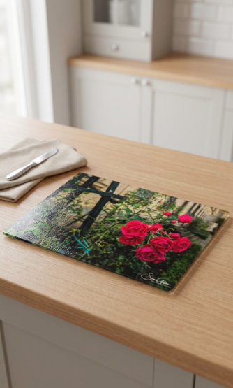 Tempered glass cutting board and elegant placemat featuring the Rosengarten of Bamberg, by Sam Gilliss Visual Arts.