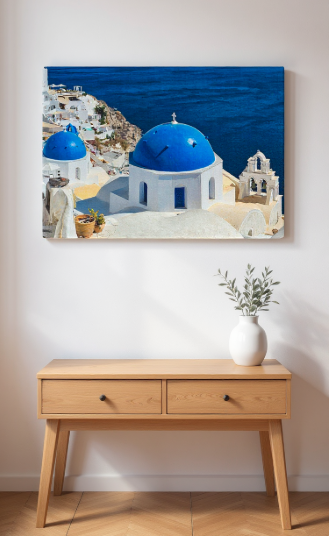Santorini Blue Domes canvas wall art by Sam Gilliss Visual Arts showcasing Oia's iconic blue-domed churches in Greece.