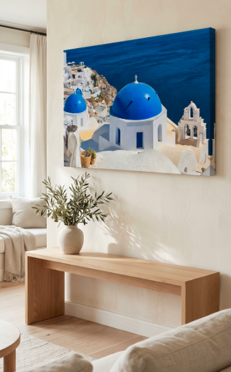 Santorini Blue Domes canvas wall art by Sam Gilliss, depicting Oia's iconic blue domes and Mediterranean coastal scenery.