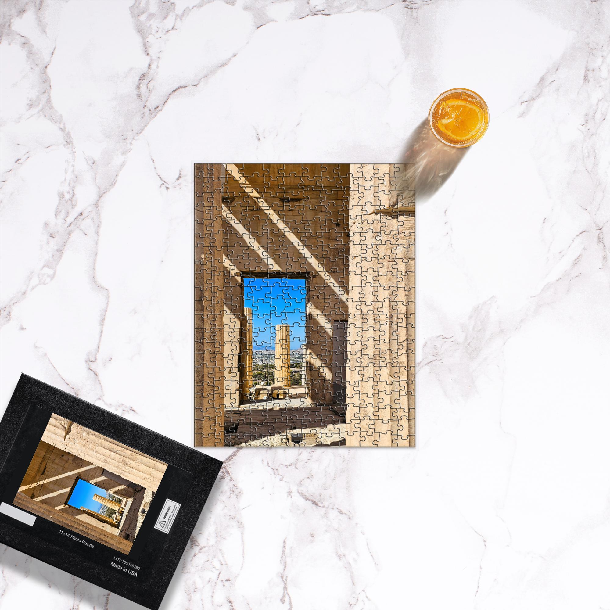 Puzzle featuring the Propylaea at the Acropolis in Athens Greece, a 1000-piece fine art jigsaw by Sam Gilliss Visual Arts.