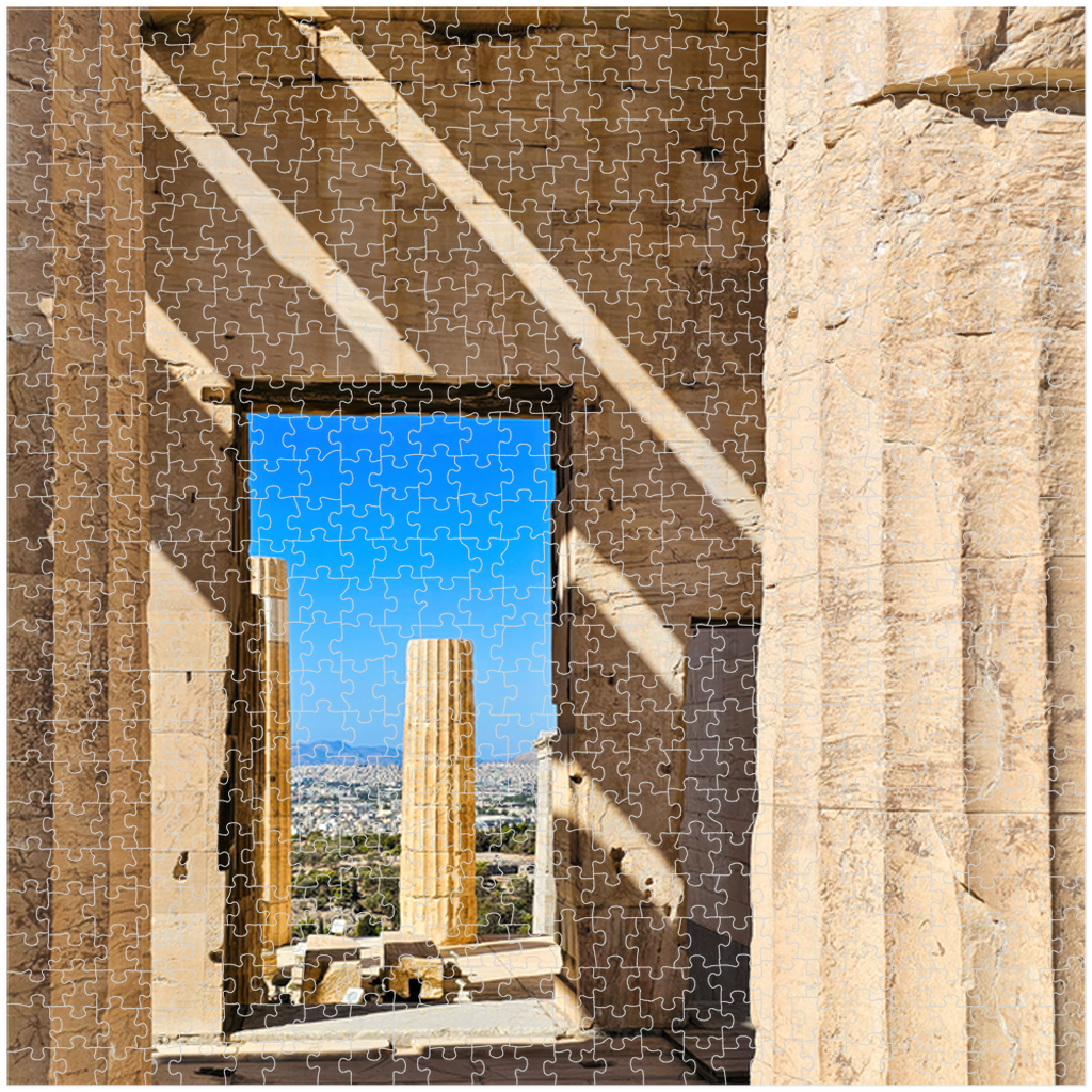 Sam Gilliss Visual Arts puzzle featuring the Propylaea at the Acropolis in Athens, with detailed classical Greek architecture.