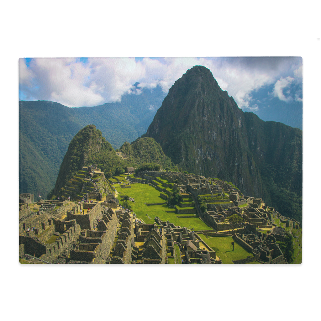 Tempered glass cutting board and placemat featuring Machu Picchu, Peru, Incan Empire design by Sam Gilliss Visual Arts.