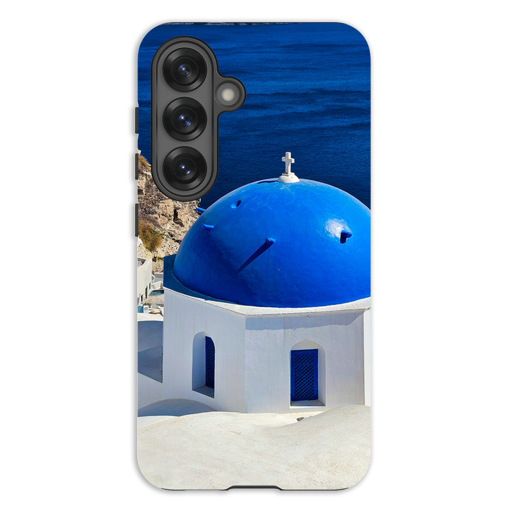 Blue Domes of Oia Santorini cell phone case featuring iconic Greek architecture, designed by Sam Gilliss Visual Arts.