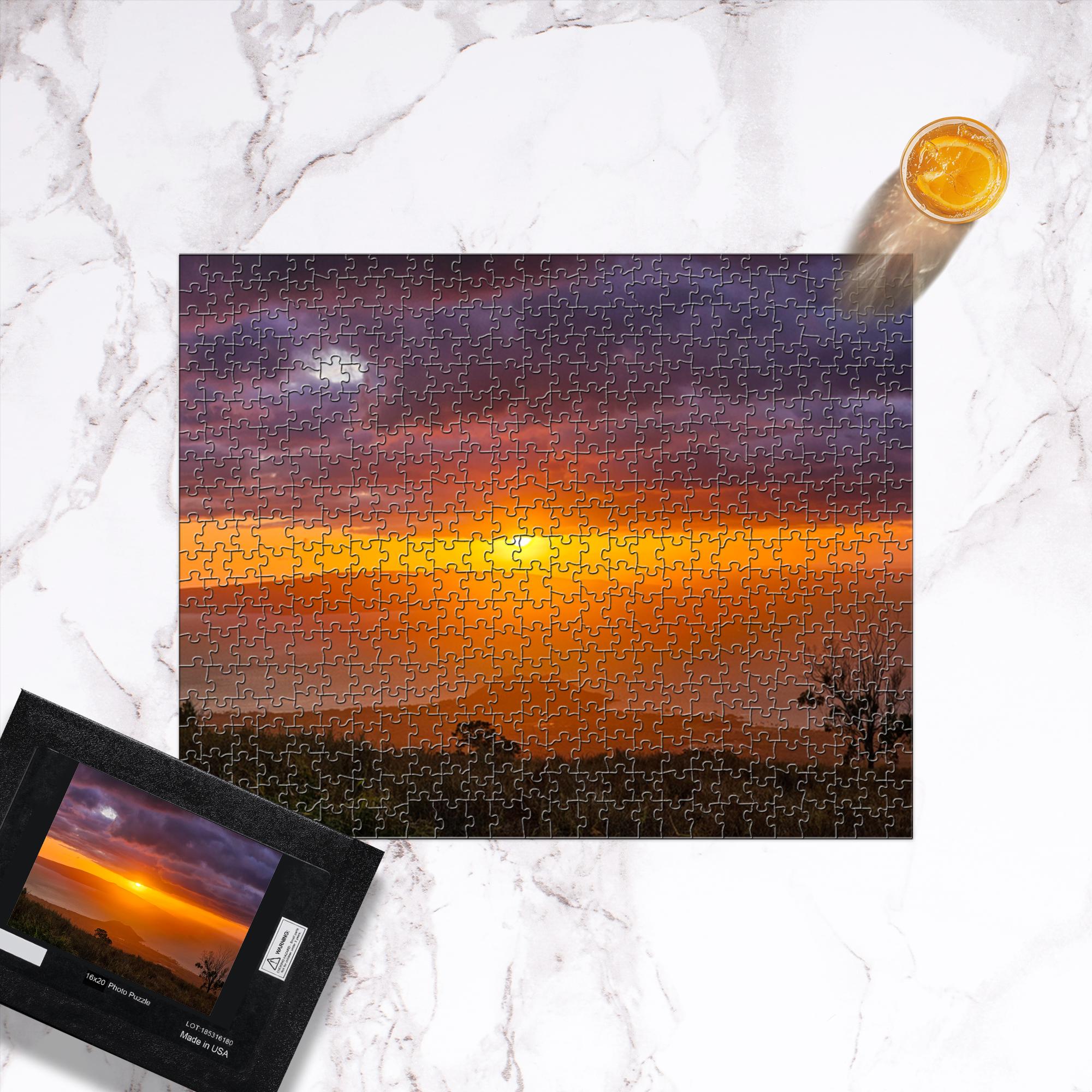 Hawaiian Paradise jigsaw puzzle featuring a vibrant sunset over the ocean by Sam Gilliss Visual Arts.
