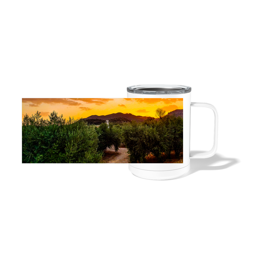 10oz Priego de Córdoba countryside stainless steel mug with olive villa scene, by Sam Gilliss Visual Arts.