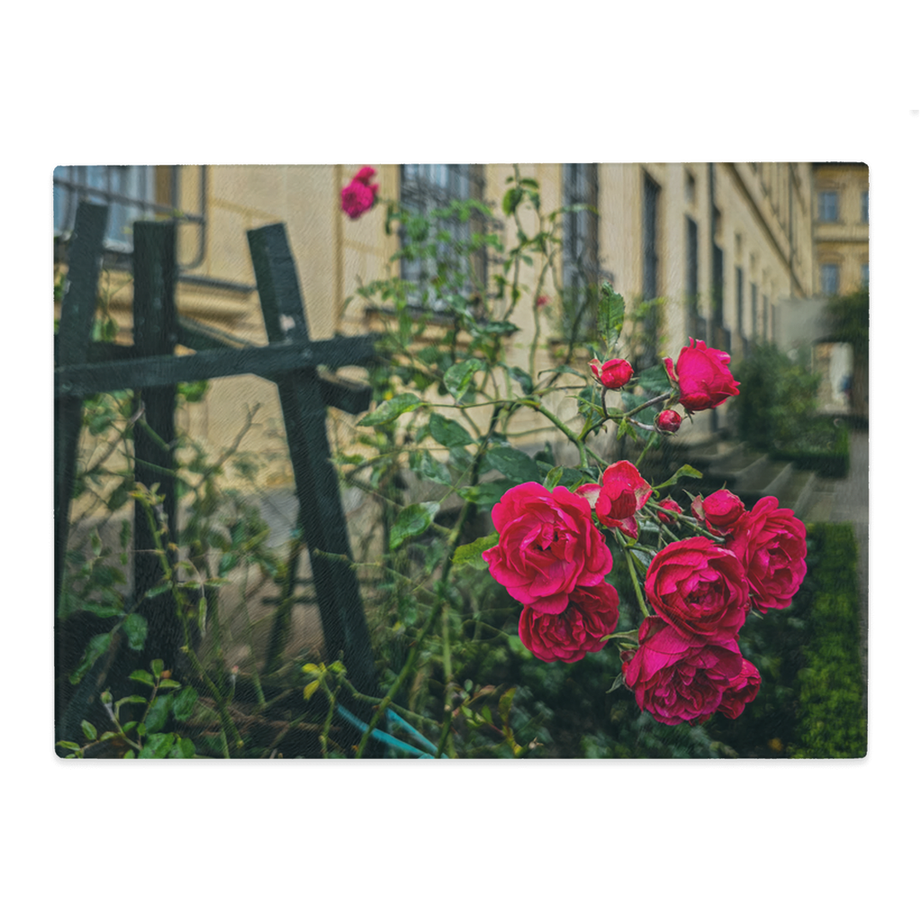 Tempered glass cutting board and elegant placemat featuring the Rosengarten of Bamberg, designed by Sam Gilliss Visual Arts.