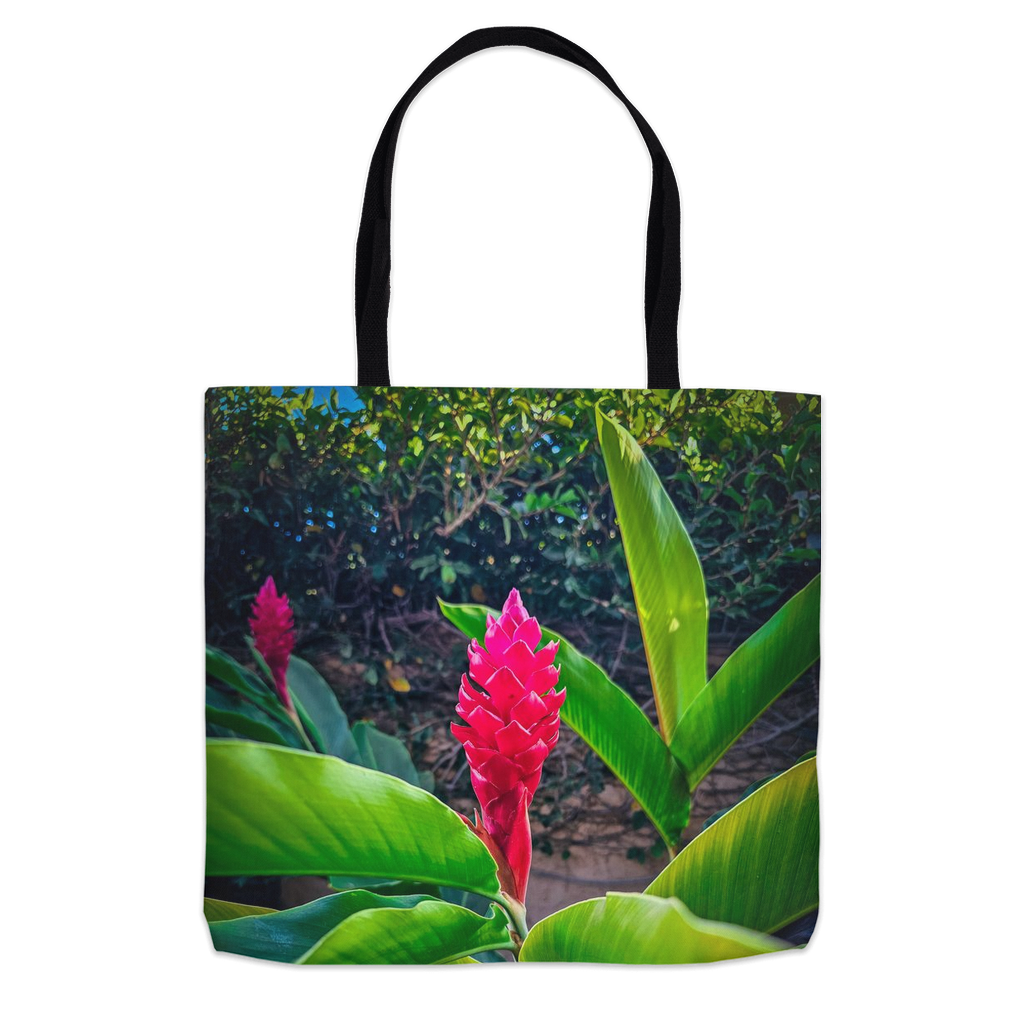 Hawaiian Red Torch Ginger tote bag by Sam Gilliss Visual Arts featuring a vibrant tropical floral print on double-stitched cotton.