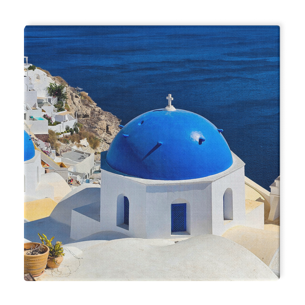 Sam Gilliss Visual Arts Santorini Blue Domes canvas wall art of Oia, Greece featuring iconic Mediterranean coastal scenery.