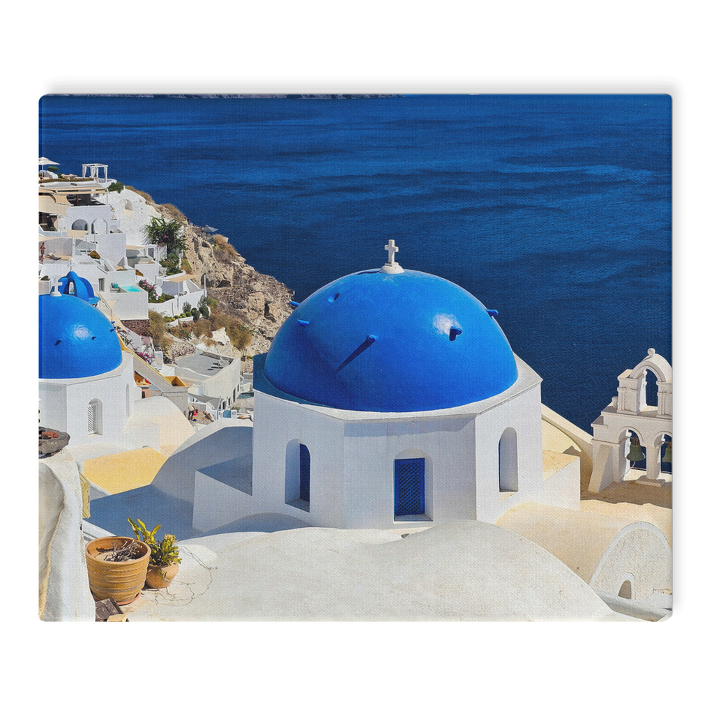 Santorini Blue Domes canvas wall art by Sam Gilliss Visual Arts featuring Oia’s iconic blue-domed buildings in Greece.