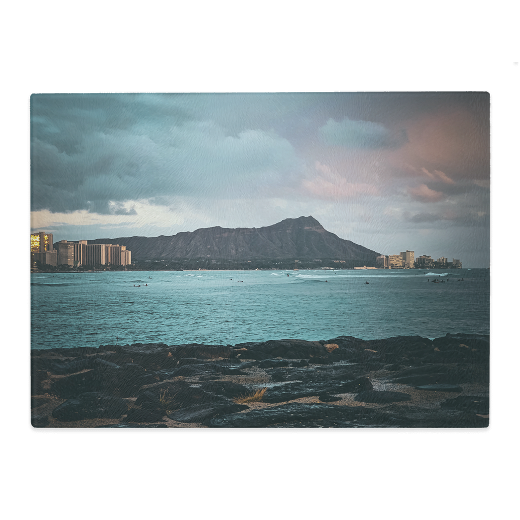 Tempered glass cutting board and elegant placemat featuring Diamond Head, Honolulu, by Sam Gilliss Visual Arts.
