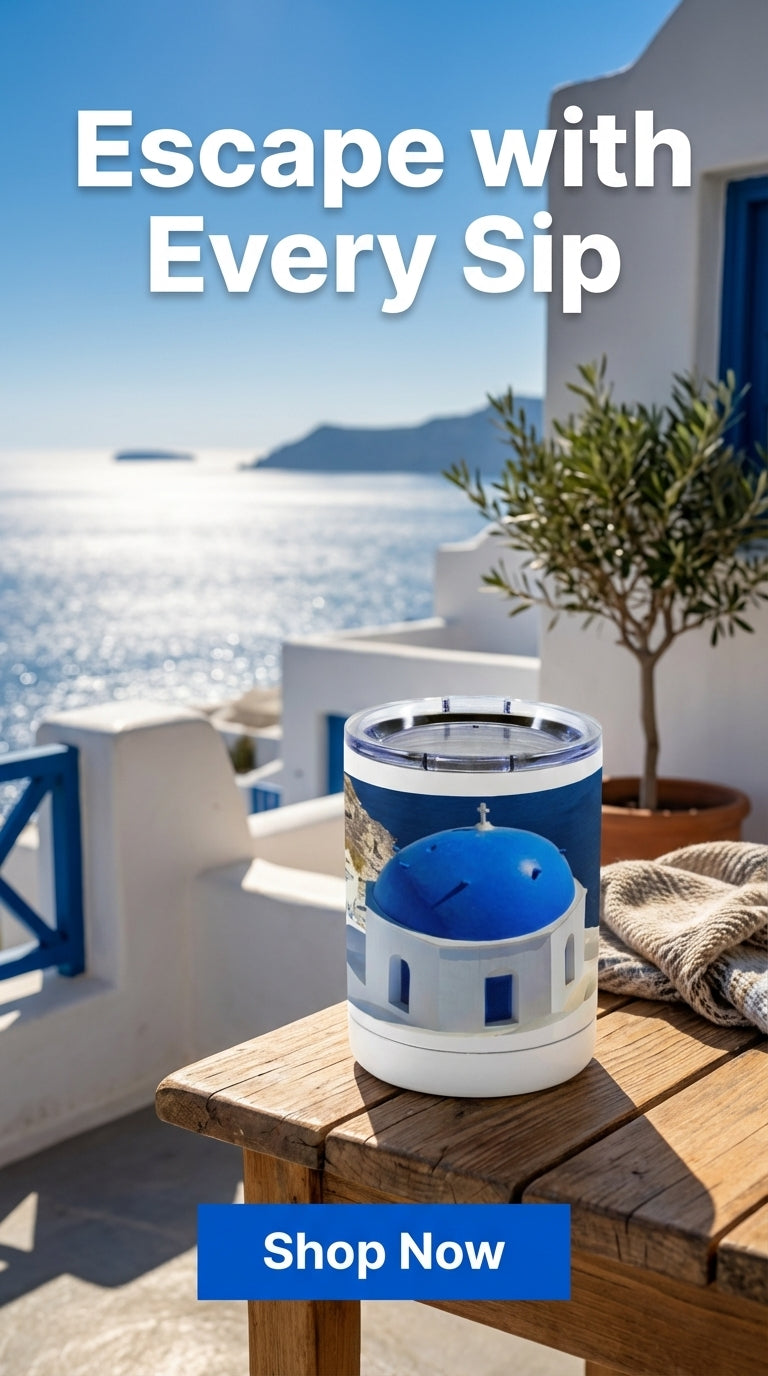Sam Gilliss Visual Arts Santorini Blue Domes 10oz stainless steel travel mug with handle, featuring a vibrant blue skyline design.