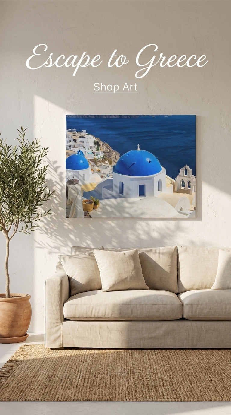 Santorini Blue Domes canvas wall art featuring iconic Oia, Greece with vibrant blue domes and Mediterranean coastal scenery.
