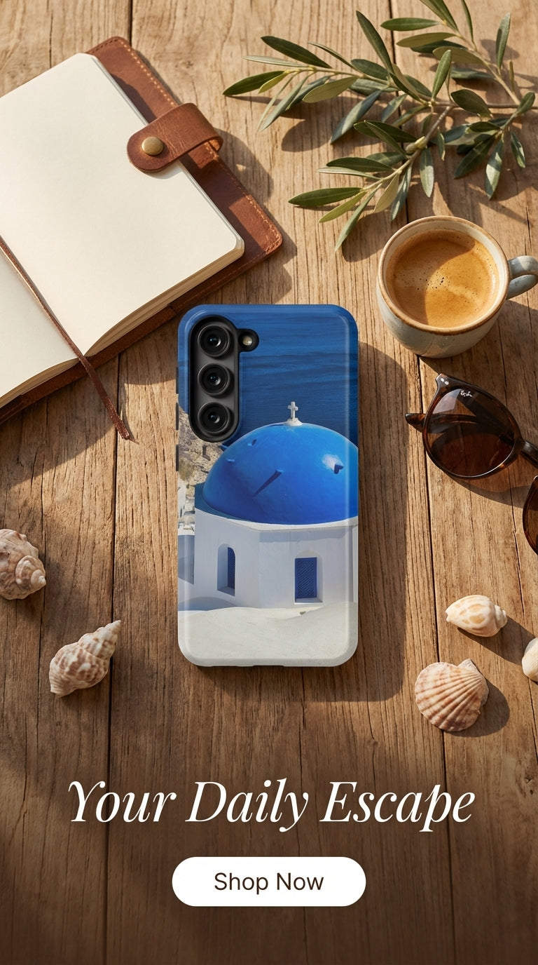 Blue Domes of Oia Santorini cell phone case featuring iconic Greek architecture by Sam Gilliss Visual Arts.