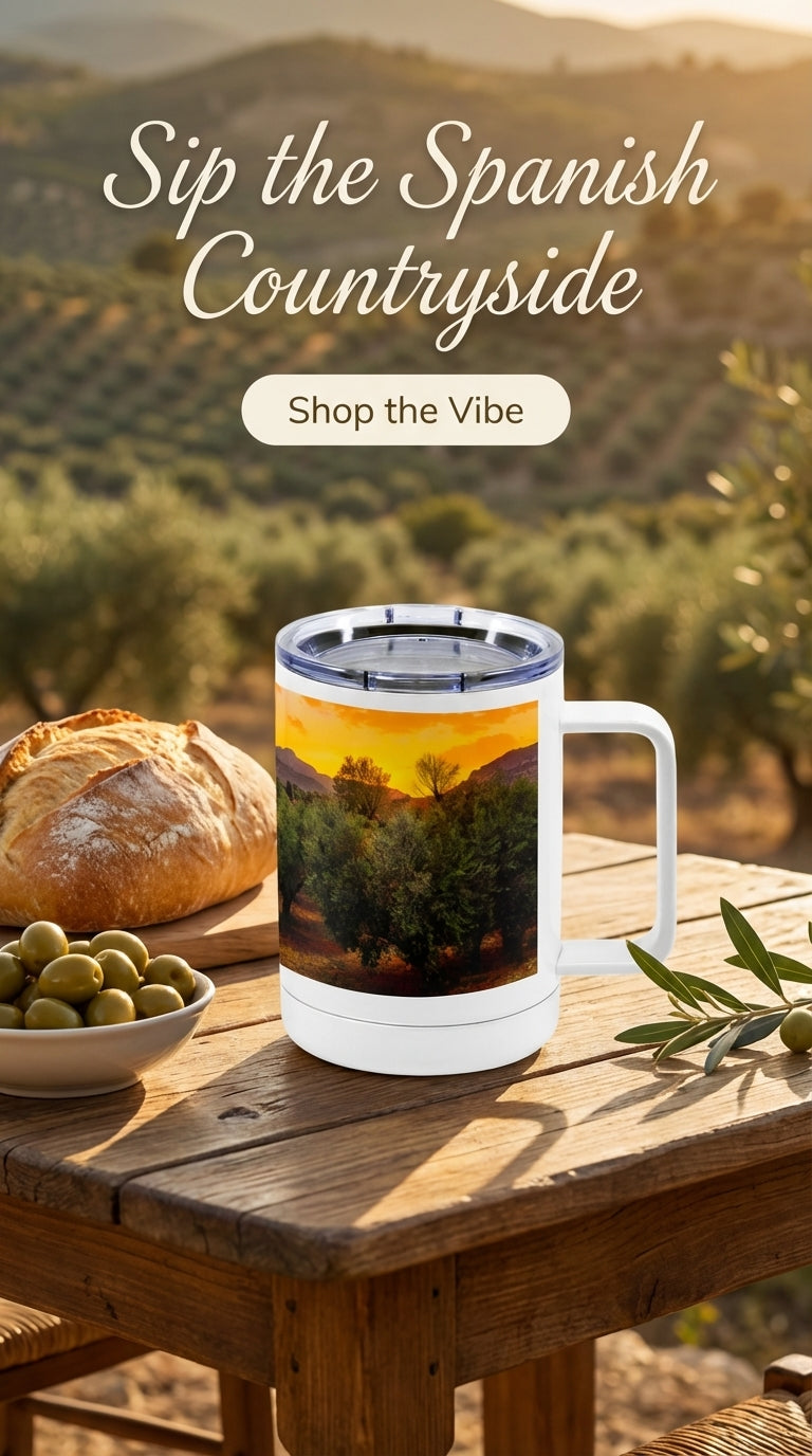 10oz insulated stainless steel mug by Sam Gilliss Visual Arts featuring an olive country villa scene from Priego de Córdoba countryside.