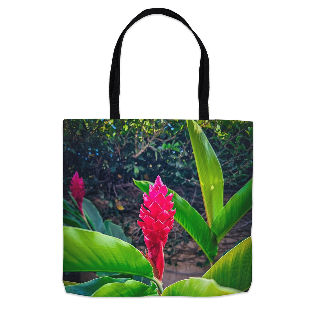 Hawaiian Red Torch Ginger tote bag by Sam Gilliss Visual Arts featuring double-stitched cotton and vibrant tropical floral print.