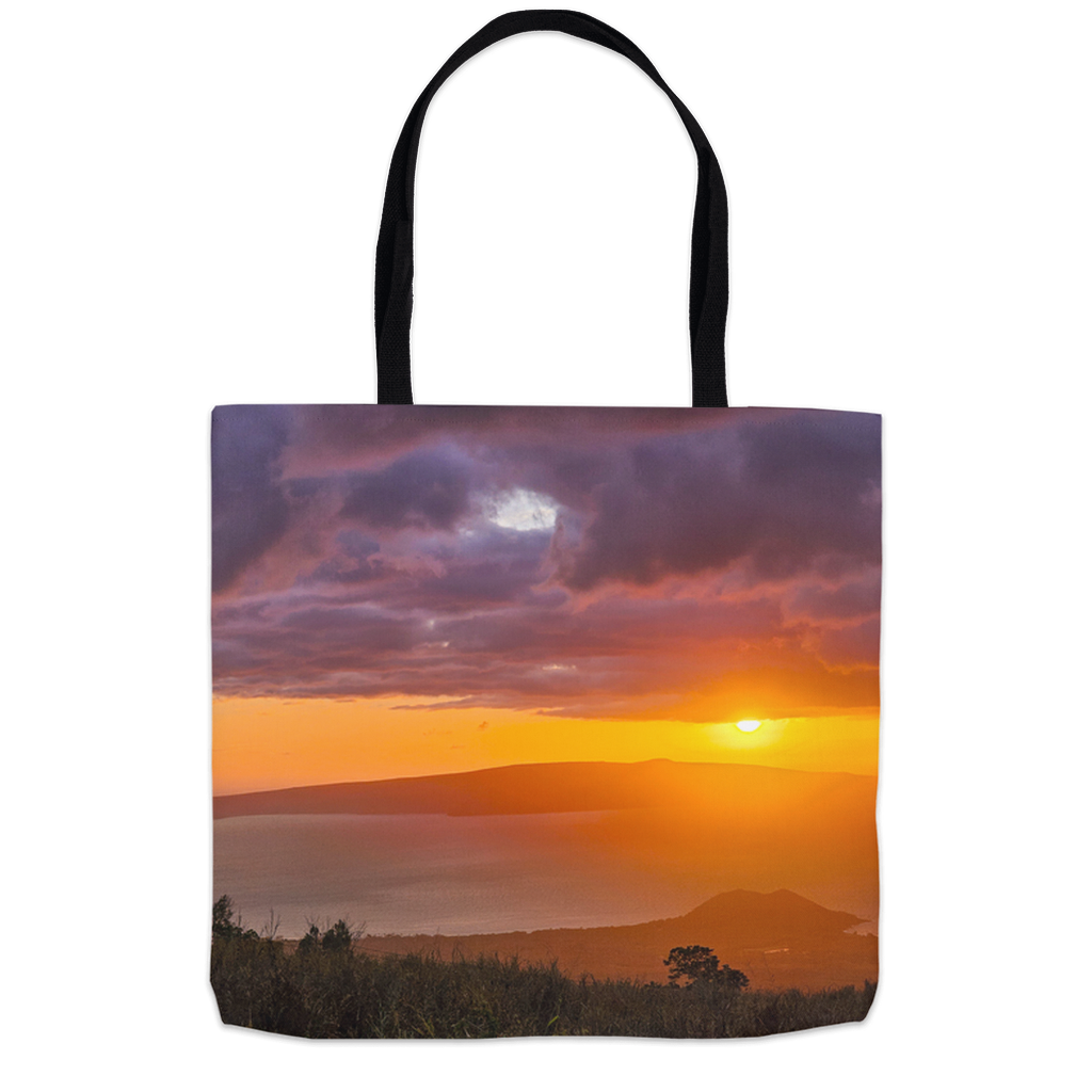Sam Gilliss Visual Arts Keokea Sunset Over the Ocean Hawaiian Paradise tote bag with vibrant sunset and ocean scene, perfect for everyday use.