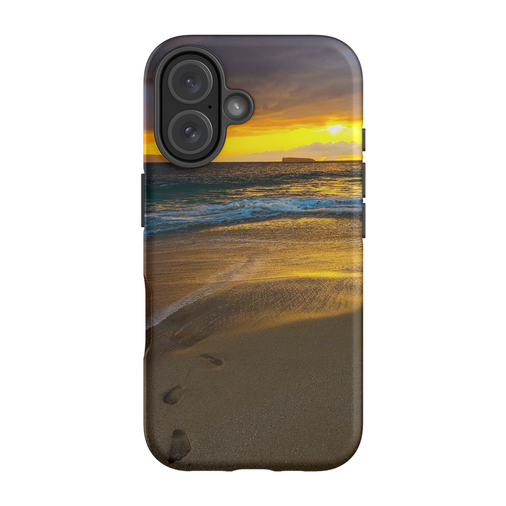 Sam Gilliss Maui beach phone case featuring a stormy sunset scene at Makena Beach, Hawaii, with vibrant ocean and sky details.