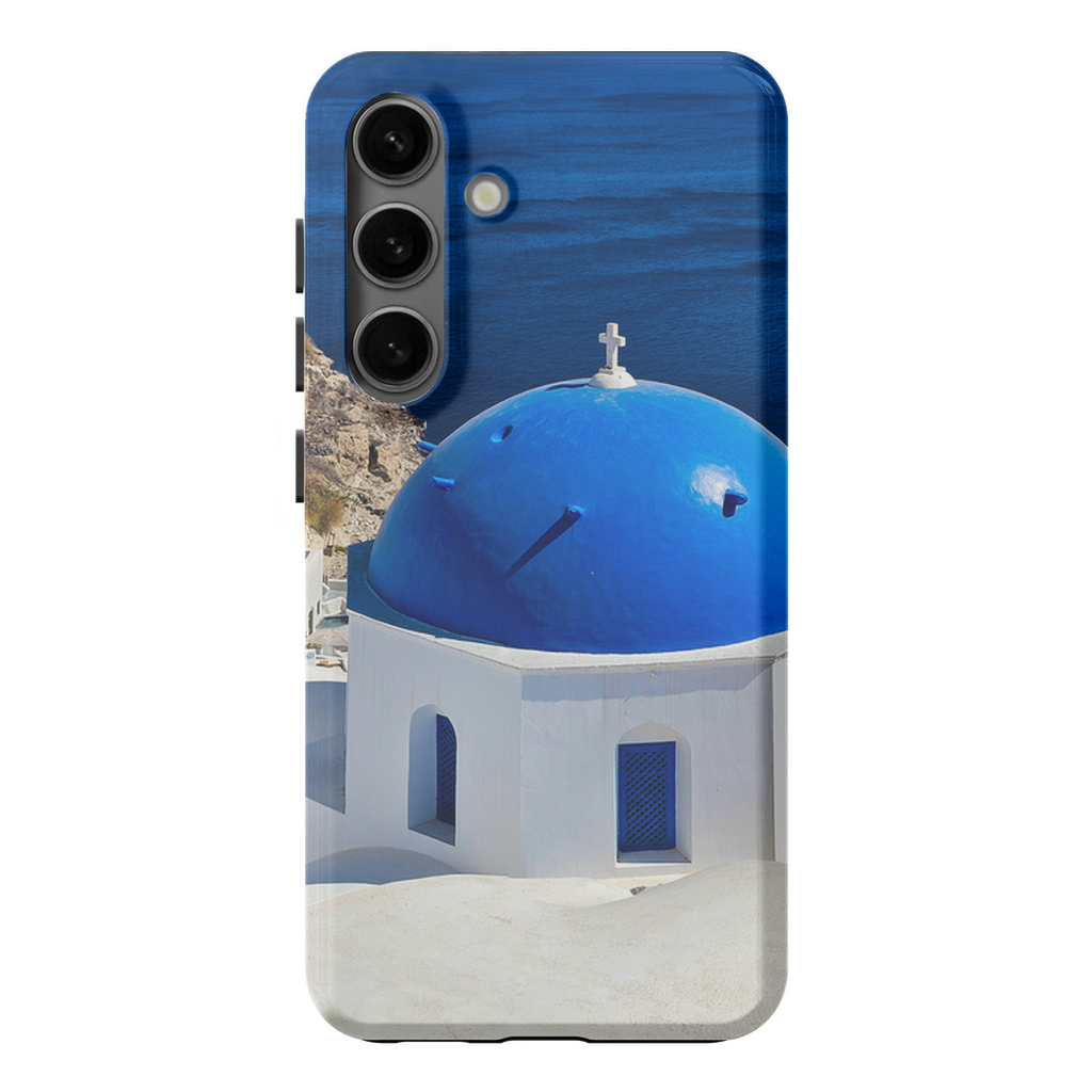 Blue Domes of Oia Santorini cell phone case featuring iconic Greek architecture by Sam Gilliss Visual Arts.