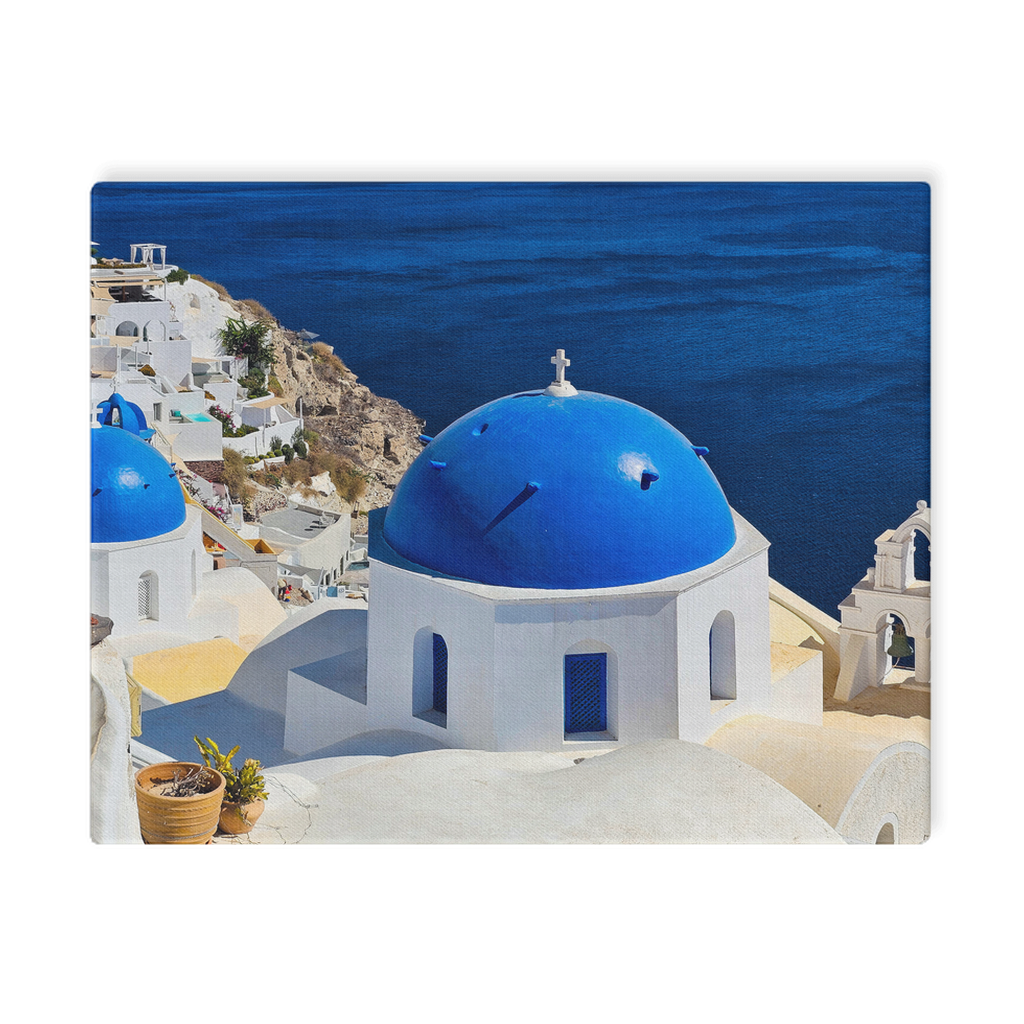 Santorini Blue Domes canvas wall art by Sam Gilliss Visual Arts showcasing Oia, Greece with iconic blue-domed buildings and Mediterranean scenery.