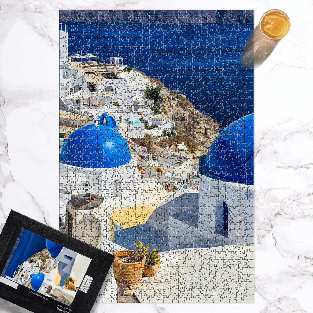 Sam Gilliss Visual Arts Santorini Blue Domes puzzle featuring Oia Greece with 110 to 1000-piece fine art jigsaw puzzle on vibrant image
