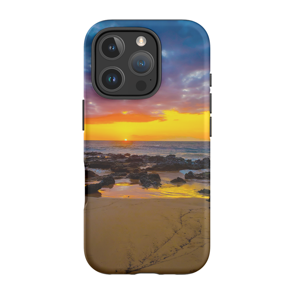 Sam Gilliss Maui Sunset cell phone case featuring Hawaiian island and golden hour sunset design with vibrant sunset colors.