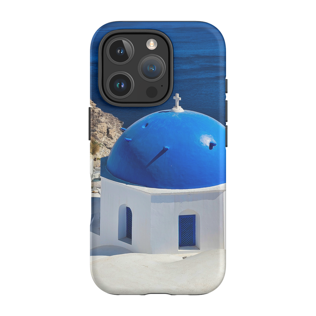 Blue Domes of Oia Santorini cell phone case featuring vibrant images of iconic Greek blue-domed churches and colorful architecture.