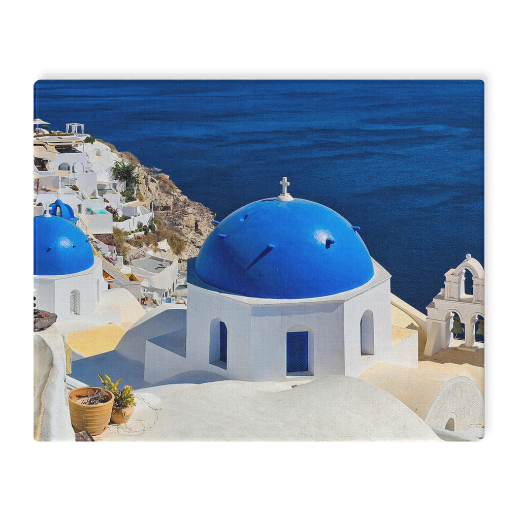 Santorini Blue Domes canvas wall art by Sam Gilliss Visual Arts showing iconic Oia, Greece with vibrant blue domes and Mediterranean scenery
