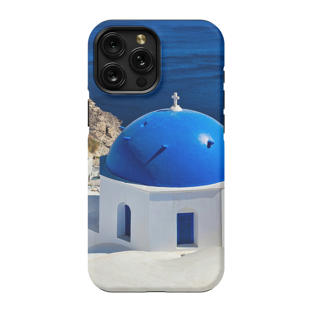 Blue Domes of Oia Santorini cell phone case featuring iconic Greek architecture, designed by Sam Gilliss Visual Arts.