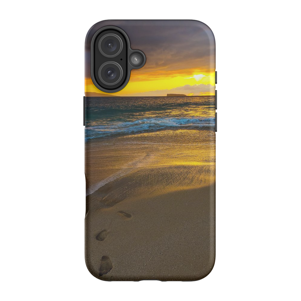 Sam Gilliss Visual Arts Maui beach phone case featuring a stormy sunset at Makena Beach with vibrant ocean and sky colors.