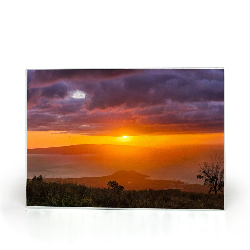 Sam Gilliss Visual Arts Keokea Sunset ocean-themed tempered glass cutting board and elegant placemat with vibrant sunset design