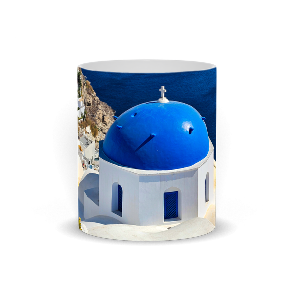 Blue Domes of Oia Santorini Greece ceramic mug showing vibrant blue domes and white buildings on an 11 oz travel-inspired coffee cup.