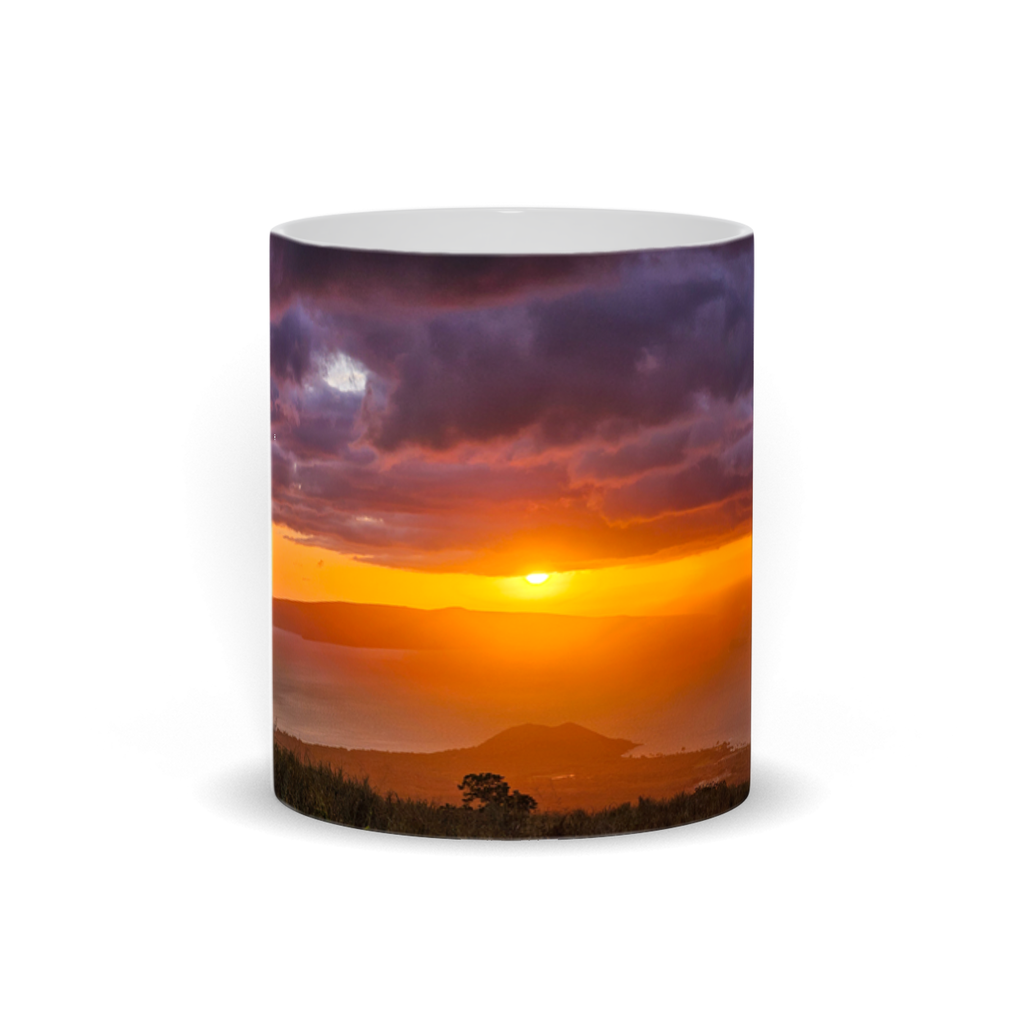 11oz ceramic coffee mug featuring Keokea Maui Sunset and Highland Ocean View design by Sam Gilliss Visual Arts