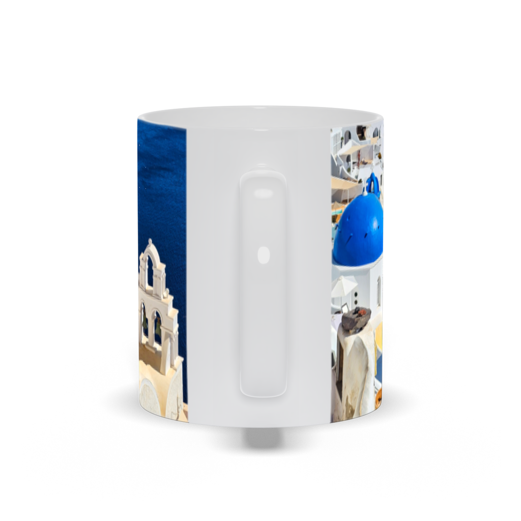 Blue Domes of Oia Santorini Greece 11 oz ceramic coffee mug featuring iconic blue domes and scenic island views.