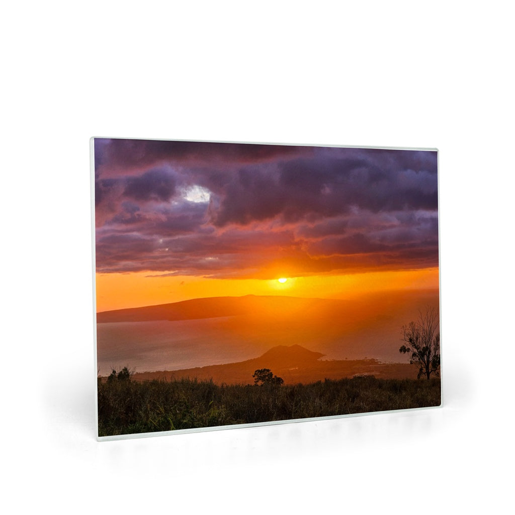 Keokea Sunset over the Ocean tempered glass cutting board and elegant placemat by Sam Gilliss Visual Arts, featuring vibrant ocean scene artwork.