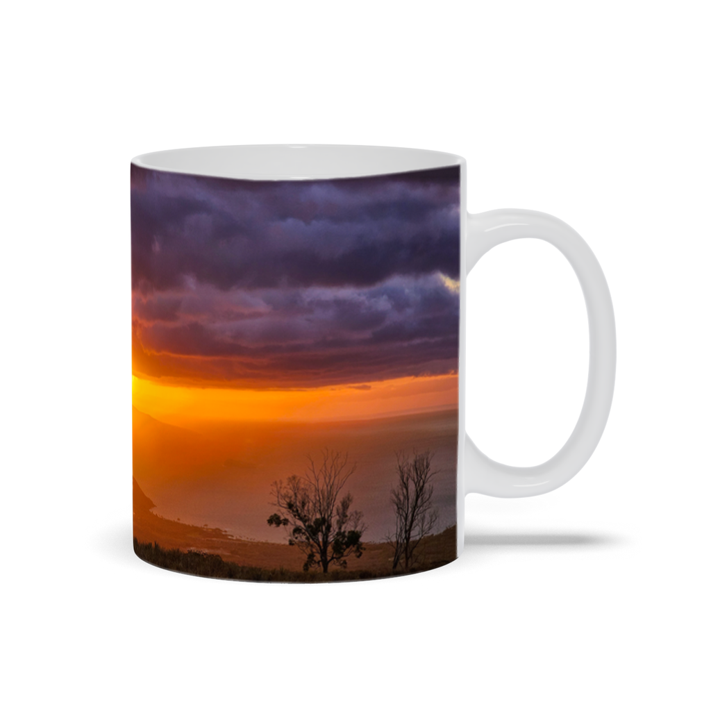 Sam Gilliss Visual Arts Keokea Maui Sunset 11oz ceramic coffee mug with Highland Ocean View design, perfect for morning coffee.