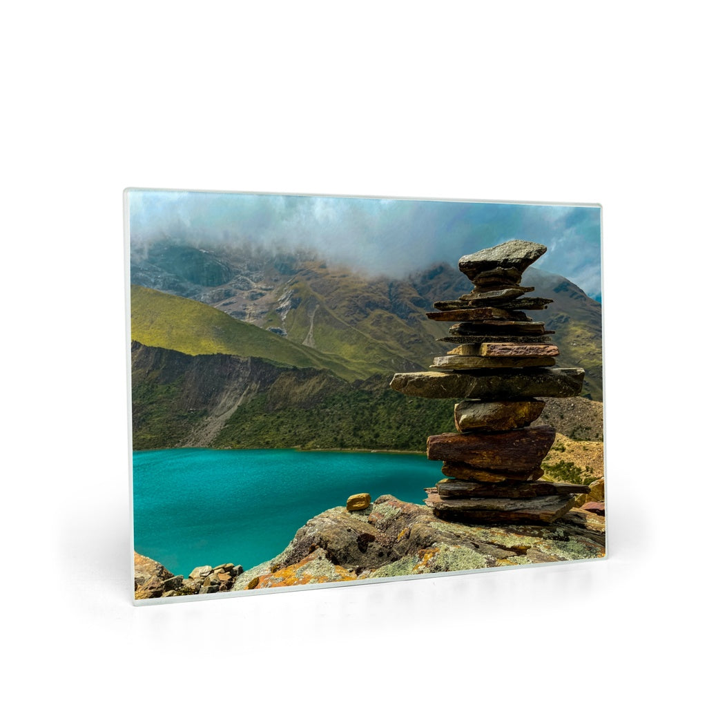 Humantay Lake in Peru featuring a tempered glass cutting board and elegant placemat by Sam Gilliss Visual Arts.