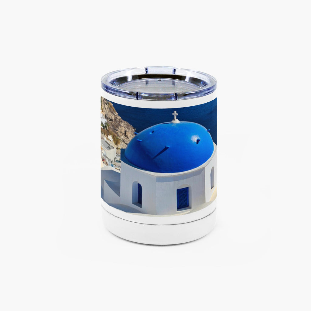 Sam Gilliss Visual Arts Santorini Blue Domes 10oz insulated stainless steel travel mug with handle, featuring scenic blue dome design.